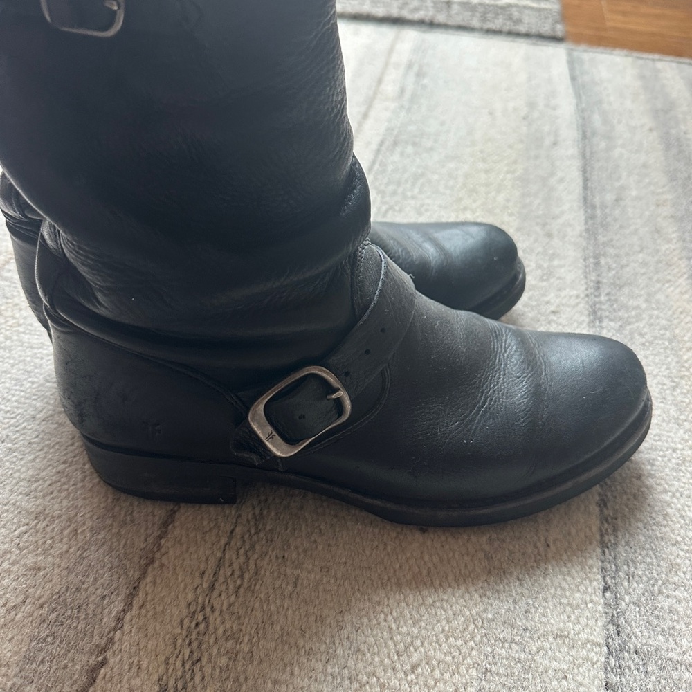 Frye Black Leather Veronica buckle slouch Combat Boots 9.5